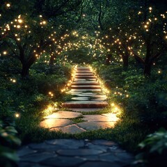 Enchanting night pathway with glowing lights magical forest image lush greenery perspective dreamy atmosphere
