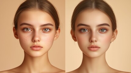 Studio photo of a 20-year-old woman comparing uneven skin to clear skin.