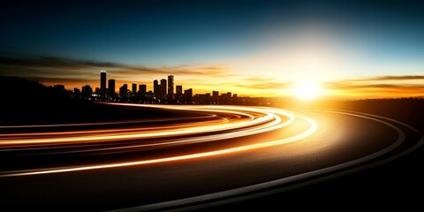 Sunset-lit road with streaks of light leading toward the distant city skyline