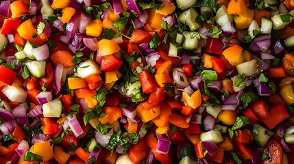 Colorful mix featuring diced red bell pepper, purple onion, cucumber and fresh parsley looks appetizing