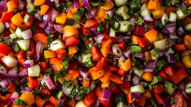 Colorful mix featuring diced red bell pepper, purple onion, cucumber and fresh parsley looks appetizing
