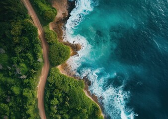 Aerial view of a coastal road winding through lush greenery. AI-generated