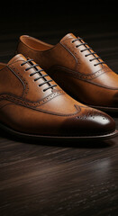 Leather Oxford Shoes on Dark Wood Background Close-up