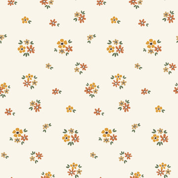 Seamless floral pattern, liberty ditsy print with mini yellow flowers in abstract. Сountry fashion botanical design of small hand drawn flowers, tiny leaves, cute simple bouquets. Vector illustration.
