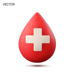 3d medic blood drop icon, isolated on white background. Blood donation symbol in 3d vector. Vector illustration