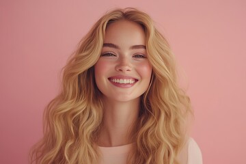 Naklejka premium blonde women with long curls, as if after styling, smiling, pink background , cosmetic advertisement 