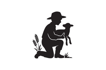 Farmer with lamb silhouette vector art illustration on white background