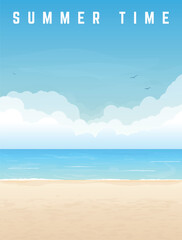 Summer time vacation vertical banner. Concept of summer party, vacation and travel. Tropical sand beach, sea or ocean with waves and big clouds on horizon. Seaside view. Vector illustration.