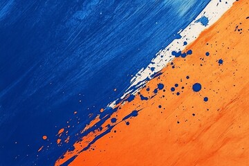Bold gradient waves colliding in blue and sunset orange , dynamic splatter particles, high contrast color blocking, abstract paint 