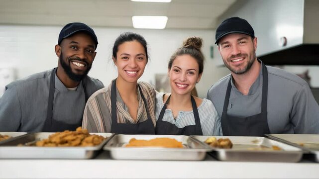 Restaurant team standing together in kitchen, expressing professional pride and camaraderie while wearing culinary uniforms and aprons