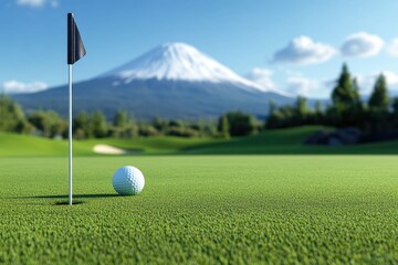 Obraz premium Golf ball on green with mountain background