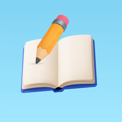 3d minimal book with pencil, isolated on background. Writing notebook banner template in 3d vector. Vector illustration