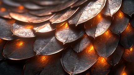 Intricate scale pattern with metallic texture and radiant amber light play