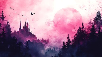 Mystical fairytale castle surrounded by woods in a dreamlike watercolor scene