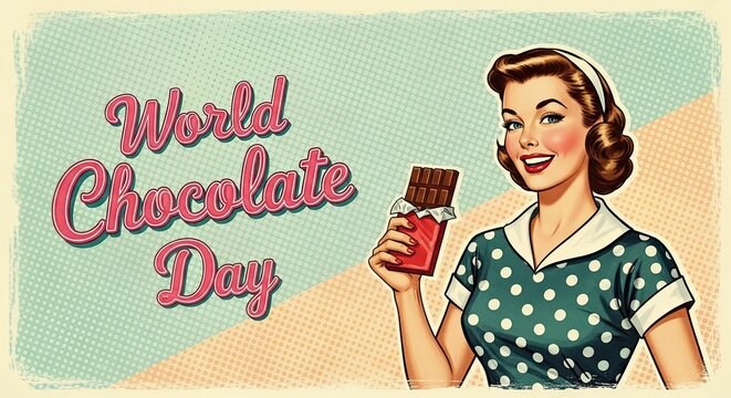 World Chocolate Day celebration poster with a happy woman holding chocolate bar in retro comic pop art style.