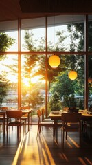 Sunset dining experience in modern restaurant indoor atmosphere serene environment relaxing viewpoint