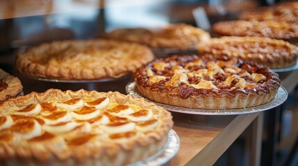 Delicious fruit pies with cream on display in a bakery