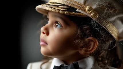 Hispanic little girl dressed up as an airline pilot, professional portrait.