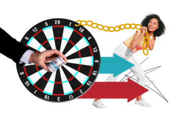 Template collage of girl lady playing darts carry board with her jackpot hundred dollars bunch
