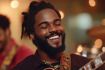 Obraz premium Joyful Black musician with dreadlocks smiles while playing guitar in a dimly lit club