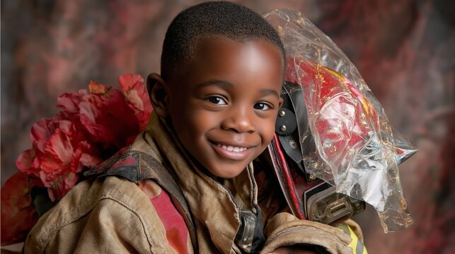 Little black boy dressed up as a firefighter, professional portrait. - Powered by Adobe