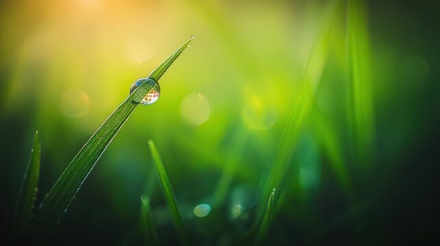 Dewdrop on blade of grass at sunrise