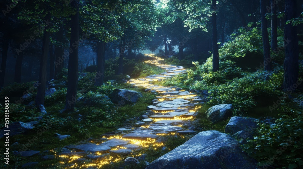 Poster enchanting pathway illuminated by glowing stones forest setting nature scene serene environment tran