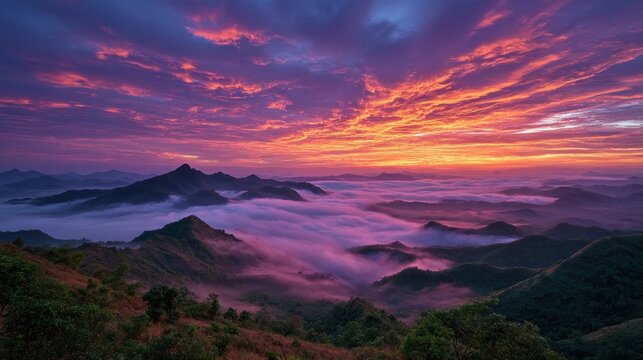 Breathtaking vista of mountain ranges enveloped by dense fog during dawn