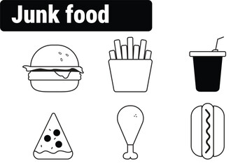 Set of junk food icons including burger, fries, drink, pizza, chicken leg, and hot dog. Minimal line illustrations ideal for fast food menus