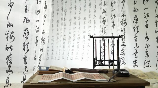 Peaceful home setting, Chinese calligraphy scene text, traditional eastern ancient prose with brush and ink, cultural art with oriental culture artifacts, preserved in the Temple of Confucius