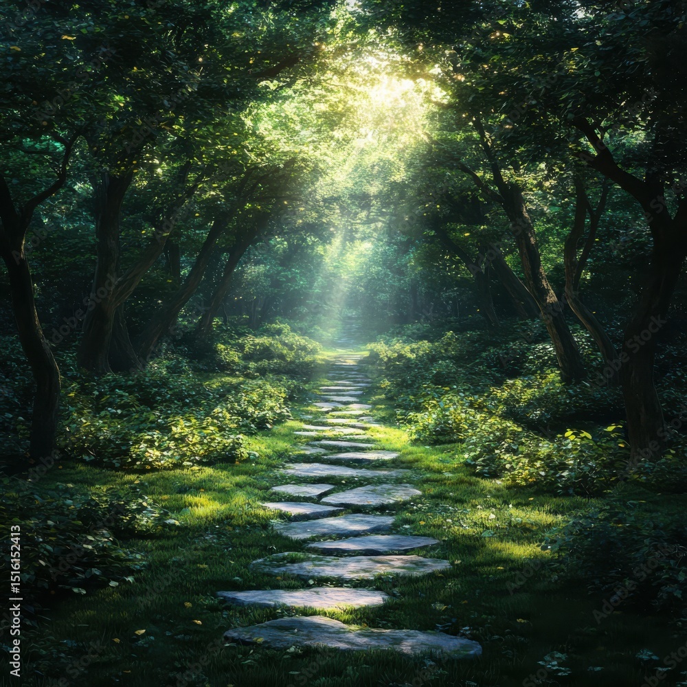 Poster exploring a tranquil path through a sunlit forest nature landscape serenity scenic view calmness