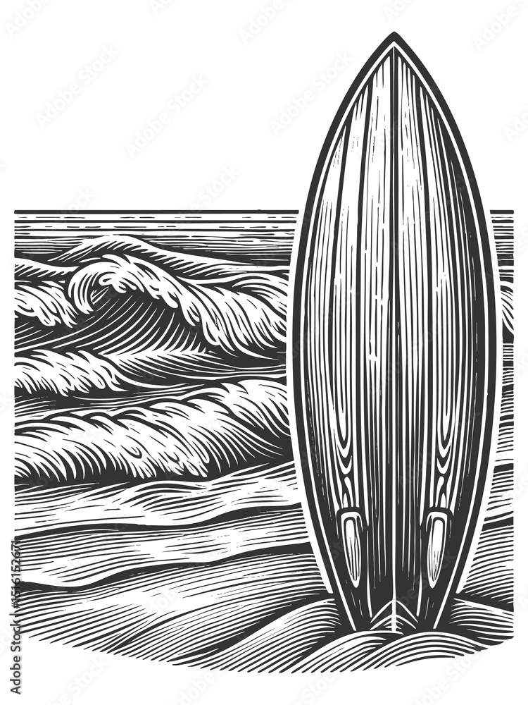 Poster surfboard standing upright on the beach, facing the ocean with rolling waves sketch engraving genera