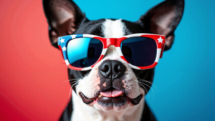 Adorable Boston Terrier in USA Flag Sunglasses: Perfect for Fourth of July Promotions and Pet Product Advertisements