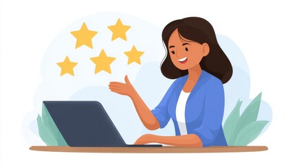 A woman reviews feedback on her laptop, showcasing satisfaction.