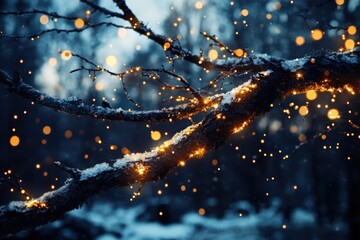 Enchanting winter lights on snowy branches forest photograph night close-up nature's magic