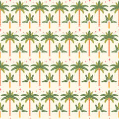 Boho palm trees vector seamless pattern illustration. Modern tropical summer repeat tile design with stylized symmetrical exotic palms and stars on light background in flat retro nostalgic style