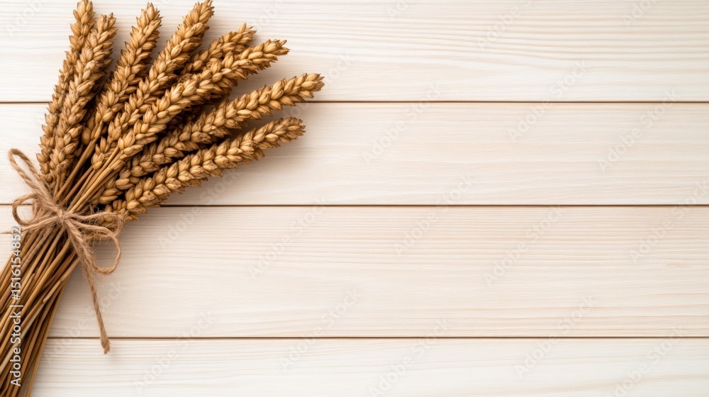 Poster dried wheat stalks tied with a string on a light wooden surface with copyspace