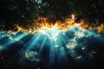 Sunbeam reflections over cloudy sky nature landscape photography serene environment aerial view tranquility concept