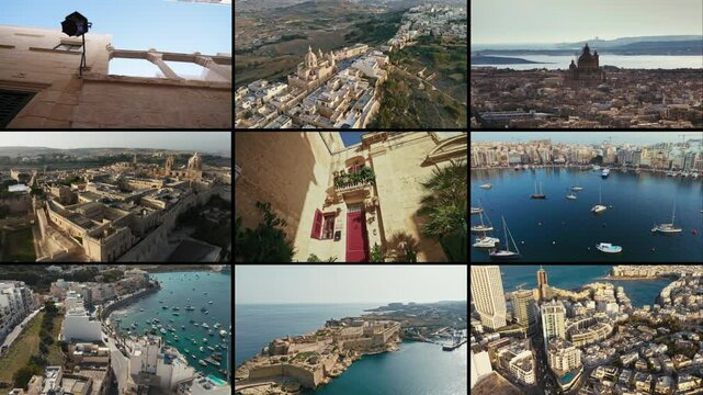 City and Sea Harmony in Malta Views captured in a cinematic collage of Maltas architecture, coastlines and heritage. A dynamic visual journey through iconic landscapes and cities.