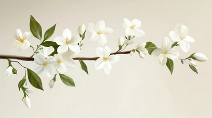 Fototapeta premium Delicate white magnolia blossoms gracefully adorn the winding branch, enhanced by verdant leaves