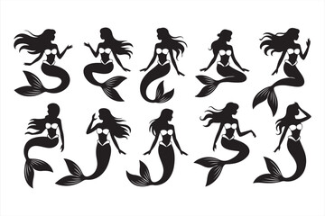 Silhouette Collection of Mermaid Poses with Flowing Hair for Creative Projects