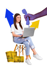 Vertical collage of young business technical manager lady sitting chair hold laptop call center...