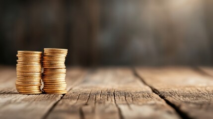A close-up photograph of neatly stacked coins resting on a rustic wooden table, illuminated by soft natural light, evokes feelings of wealth and financial growth.