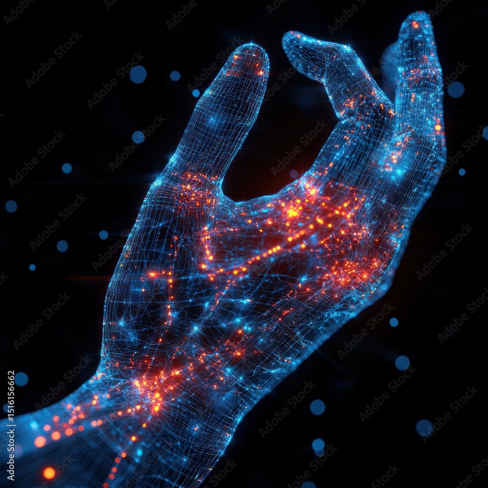 Poster digital wireframe hand reaching with glowing nodes representing connectivity