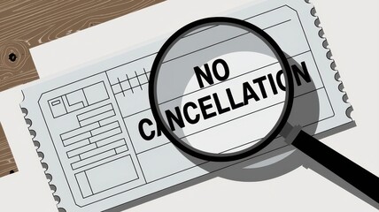 Flight ticket policy   concept. A ticket with "NO CANCELLATION" highlighted under a magnifying glass.