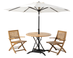Outdoor setting featuring a round wooden table two folding chairs and a white patio umbrella overhead