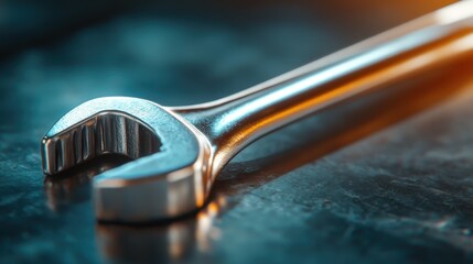 Obraz premium A gleaming chrome wrench lays on a dark metallic surface, highlighting its reflective quality and emphasizing craftsmanship in tools essential for mechanical work.