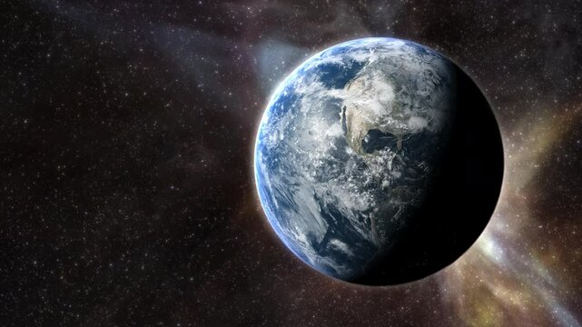 Epic cinematic motion graphic of Earth&rsquo;s sunrise from orbit, showcasing a glowing blue atmosphere, dramatic lighting, twinkling stars, and vibrant colorful nebula clouds in the vast deep cosmos