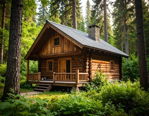 Schilderijen op glas Cozy log cabin nestled in a lush forest © Sungging