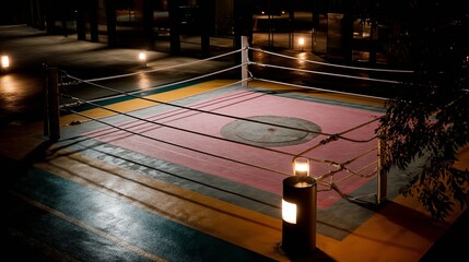 Top down view of an empty boxing ring under a spotlight on dark room.